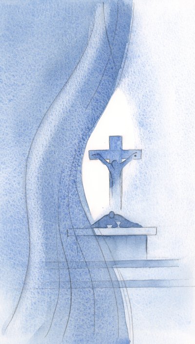 Duch Święty przebija zasłonę podczas Mszy Świętej i objawia nam tajemnicę cierpień Chrystusa., 2000 (w/c na papierze) autorstwa Elizabeth Wang