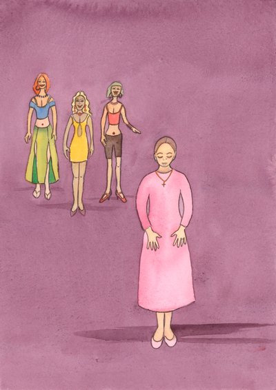 Pan zachęca kobiety, aby ubierały się skromnie, jak sugeruje Pismo Święte, i w ten sposób pomagały rozwijać czystość w sobie i w innych, 2004 (akwarela na papierze) autorstwa Elizabeth Wang