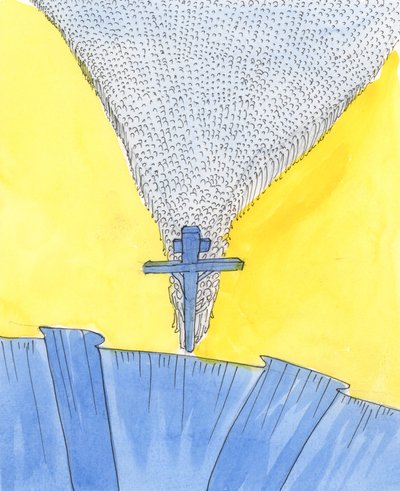 Pan pokazał mi krzyż u podnóża stromego zbocza, 2004 (w/c na papierze) autorstwa Elizabeth Wang