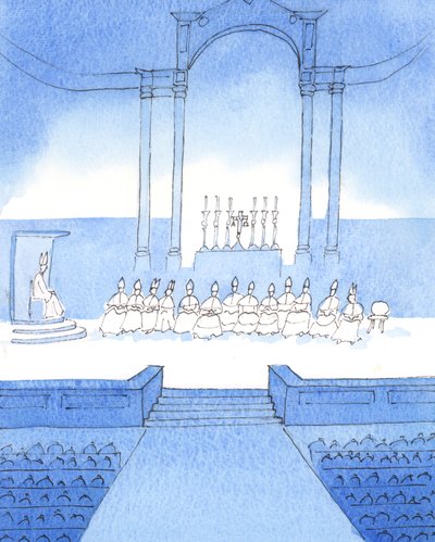 Pan powiedział mi, że biskupi, zebrani na specjalnej uroczystości rocznicowej, przedstawili imponujący obraz władzy episkopatu, 2005 (akwarela na papierze) autorstwa Elizabeth Wang