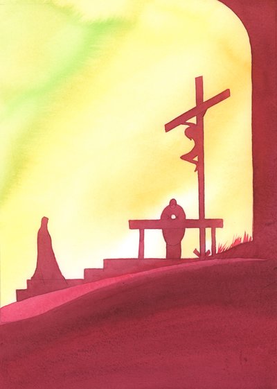 Msza jest jak okno na czas, przez które jesteśmy obecni na zbawczą Ofiarę Chrystusa, jak patrzy Maryja, 2000 (w/c na papierze) autorstwa Elizabeth Wang