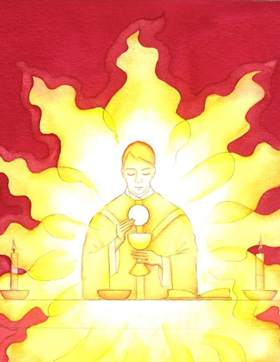 Obecność Jezusa w Eucharystii jest jak płonący ogień chwały, 2001 (w/c na papierze) autorstwa Elizabeth Wang