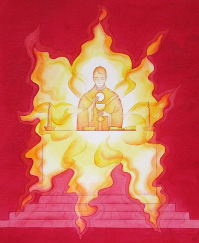 Obecność Jezusa w Eucharystii jest jak płonący ogień chwały, 2001 (w/c na papierze) autorstwa Elizabeth Wang