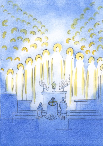 Święci gromadzą się tutaj z Chrystusem, na wystawie, wszyscy promienieją radością z Jego miłości i naszego oddania, 2003 (w/c na papierze) autorstwa Elizabeth Wang