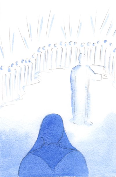 Święci z Nieba radują się naszą miłością do Chrystusa i dobrymi uczynkami, ponieważ cała radość w Niebie jest dzielona, 2002 (w/c na papierze) autorstwa Elizabeth Wang