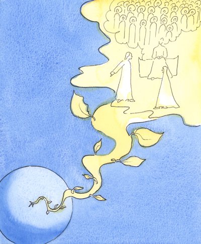Syn Boży był gotów zstąpić z nieba, umrzeć wśród grzeszników, by nas zbawić, 2003 (w/c na papierze) autorstwa Elizabeth Wang