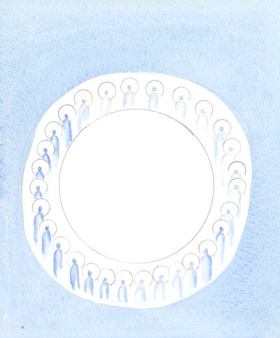 Trzy Osoby Boskie są zjednoczone i aktywne w jedności Bóstwa, jakby krążyły w nieustannej komunii, 2003 (w/c na papierze) autorstwa Elizabeth Wang