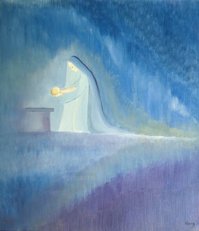 Najświętsza Maryja Panna z prostotą i radością opiekowała się swoim Dzieciątkiem Jezus, 2001 (olej na pokładzie) autorstwa Elizabeth Wang