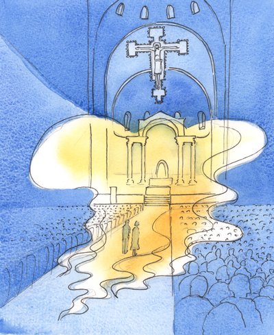 Przenajświętszy i majestatyczny Bóg, którego czcimy podczas Mszy św., przez Chrystusa, Jego Syna, jest tu obecny, 2003 (w/c na papierze) autorstwa Elizabeth Wang