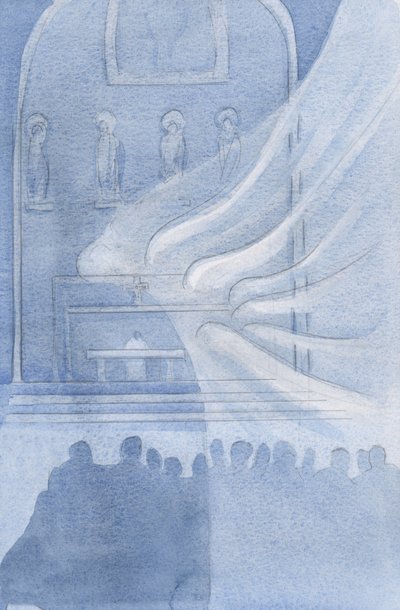 Aniołowie adorują Chrystusa w Najświętszej Eucharystii, 2001 (w/c na papierze) autorstwa Elizabeth Wang