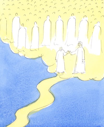 Błogosławiona dusza, która wytrwała do końca, w miłości do Chrystusa i bliźniego, prowadzona jest za rękę przez Chrystusa, aby spotkać Niebiańskich Przyjaciół, którzy zebrali się, by powitać ją w swoim towarzystwie, 2004 autorstwa Elizabeth Wang