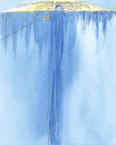 Podróż od życia do śmierci jest jak podróż kolejką linową między dwiema górami, 2004 (w/c na papierze) autorstwa Elizabeth Wang