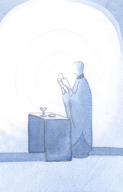 Światło Chrystusa rozbłysło podczas konsekracji, 2001 (w/c na papierze) autorstwa Elizabeth Wang