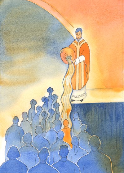 Głównym zadaniem tych, którzy dzielą kapłaństwo Chrystusa, jest zbawienie dusz, obmycie ich Najdroższą Krwią Chrystusa, Jego Ofiarą i Jego sakramentami, 2002 (w/c na papierze) autorstwa Elizabeth Wang