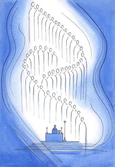 Święci są obecni z nami w sanktuarium, 2001 (w/c na papierze) autorstwa Elizabeth Wang