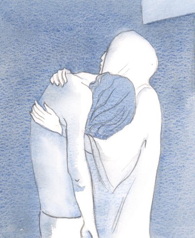 Bolesna Dziewica Maryja trzyma swojego Syna Jezusa po jego śmierci, przebitego do serca smutkiem, ale pełna wiary, 2000 (w/c na papierze) autorstwa Elizabeth Wang