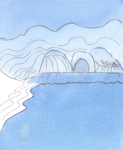 Duszę pełną łaski Bożej reprezentowała plaża o łagodnym zboczu, obmyta ciepłym morzem, 2004 (w/c na papierze) autorstwa Elizabeth Wang