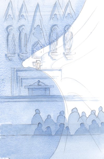 Cały budynek kościoła jest zatłoczony Aniołami; myjemy je w każdej chwili., 2001 (w/c na papierze) autorstwa Elizabeth Wang