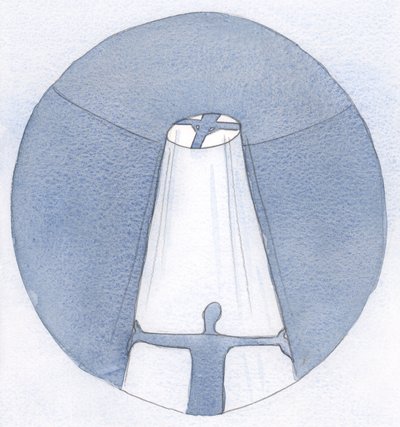 Poprzez nasze ofiary, zjednoczone z Chrystusem, powstaje kanał, dzięki któremu światło Niebios może spływać na potrzebujących., 2001 (w/c na papierze) autorstwa Elizabeth Wang