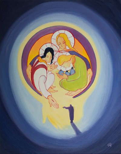 Poprzez pokutę i wiarę w Chrystusa pozwalamy Mu wciągnąć nas do serca Trójcy Świętej, 2001 (olej na pokładzie) autorstwa Elizabeth Wang