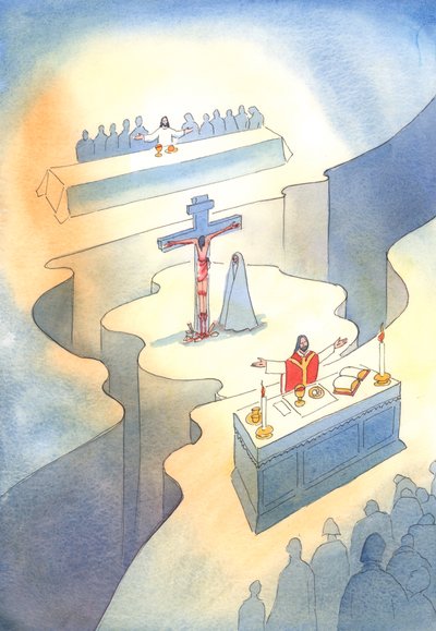Poprzez Eucharystię, która została ustanowiona podczas Ostatniej Wieczerzy, Ofiara Kalwarii jest reprezentowana w każdym pokoleniu, 2001 (w/c na papierze) autorstwa Elizabeth Wang