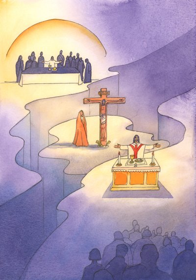 Poprzez Eucharystię, która została ustanowiona podczas Ostatniej Wieczerzy, Ofiara Kalwarii jest reprezentowana w każdym pokoleniu, 2001 (w/c na papierze) autorstwa Elizabeth Wang