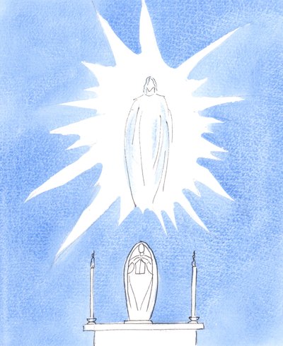 Mamy prawo czcić Maryję, Najświętszą Dziewicę, przez którą Ojciec dał nam swojego Syna, i wszystkie łaski, które otrzymujemy w Kościele, zwłaszcza w Świętej Eucharystii, 2005 (akwarela na papierze) autorstwa Elizabeth Wang