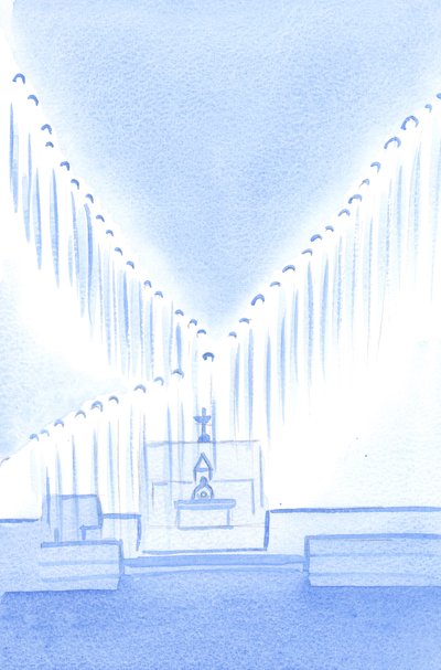 Dobrze pozdrawiamy Świętych Aniołów, którzy czuwając, modląc się, wypełniają Święte miejsce, które jest naszym sanktuarium, 2002 (w/c na papierze) autorstwa Elizabeth Wang