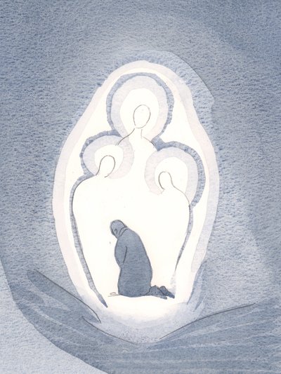 Kochamy i adorujemy Trzy Osoby Boskie w naszych duszach, kiedy żyjemy w stanie łaski, 2000 (w/c na papierze) autorstwa Elizabeth Wang