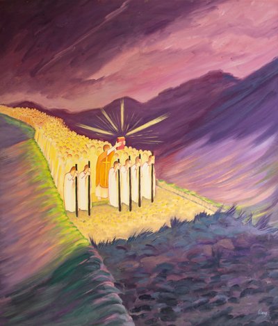 Idziemy w Tradycji Świętej, kierując się Pismem Świętym i Nauką Kościoła, 2001 (olej na pokładzie) autorstwa Elizabeth Wang