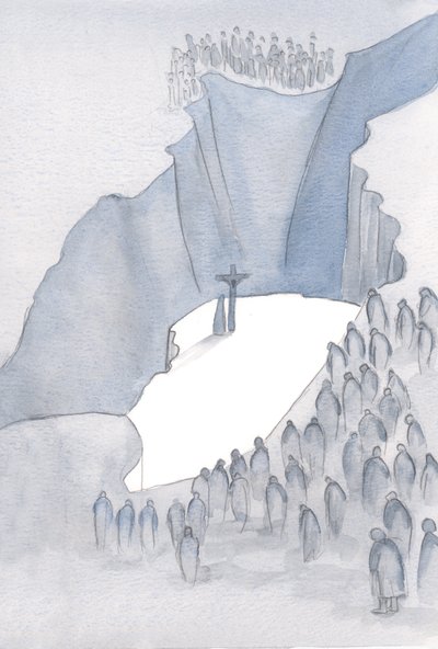 Jaka przepaść leży przed nami podczas Mszy Świętej, gdy jesteśmy częścią Jedynej Ofiary za grzech, zjednoczeni z minionym wiekiem, kiedy Chrystus na krzyżu, aby nas zbawić., 2001 (w/c na papierze) autorstwa Elizabeth Wang