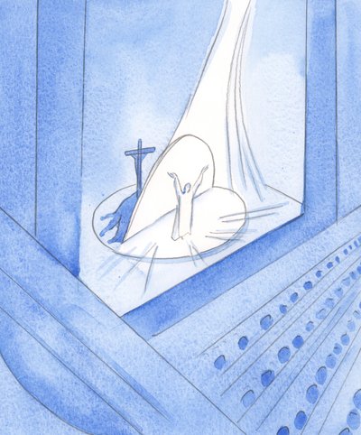 Kiedy Chrystus jest Realnie Obecny przed nami, w Świętej Ofierze, jesteśmy obecni w całym Jego życiu, które jest „w” Nim teraz, 2002 (w/c na papierze) autorstwa Elizabeth Wang