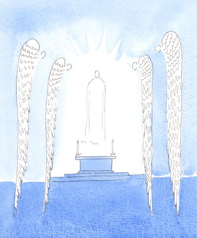 Kiedy Chrystus staje się obecny przed nami podczas Konsekracji, święci Aniołowie stoją zdumieni miłością, którą okazuje nam, przychodząc do nas w ten zdumiewający sposób, 2005 (akwarela na papierze) autorstwa Elizabeth Wang