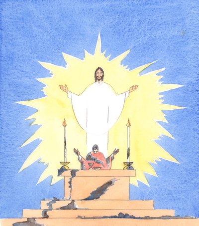 Kiedy ksiądz popełnia ciężki grzech i nie żałuje za niego, to tak jakby brudził wszystko, czego dotknie, wykonując swoje obowiązki, 2005 (akwarela na papierze) autorstwa Elizabeth Wang