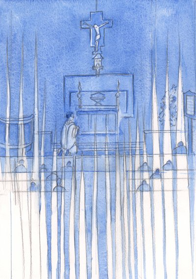 Kiedy wierni ludzie odmawiają Różaniec Święty, Święci Aniołowie otaczają ich i czuwają w pełnej czci ciszy, 2002 (w/c na papierze) autorstwa Elizabeth Wang