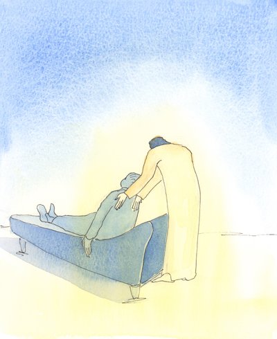 Kiedy jesteśmy chorzy, a Chrystus przychodzi do nas w Komunii Świętej, to tak, jakby nalegał, aby pomóc nam położyć się na kanapie, 2003 (w/c na papierze) autorstwa Elizabeth Wang