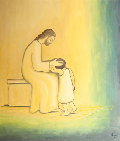 Kiedy żałujemy za nasze grzechy, Jezus Chrystus patrzy na nas z czułością, tak jak matka obejmuje swoje dziecko, 2001 (olej na pokładzie) autorstwa Elizabeth Wang