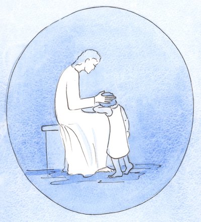 Kiedy żałujemy za nasze grzechy, Jezus Chrystus patrzy na nas z czułością, tak jak matka obejmuje swoje dziecko, 2001 (w/c na papierze) autorstwa Elizabeth Wang