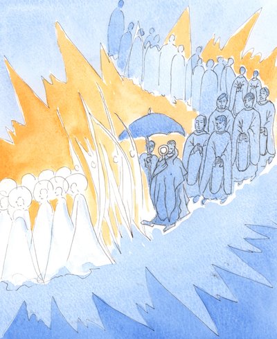Ilekroć czcimy Obecność Jezusa w Najświętszym Sakramencie, aniołowie i święci przyłączają się do nas w naszym uwielbieniu, 2004 (w/c na papierze) autorstwa Elizabeth Wang