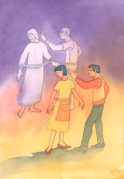 Ktokolwiek przeklina, uderza, porzuca lub "niszczy" współmałżonka, przeklina Chrystusa w Jego Męce, 2003 (akwarela na papierze) autorstwa Elizabeth Wang