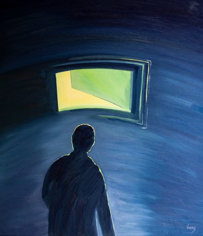 Z wiarą i tęsknotą możemy otworzyć „drzwi” duszy od wewnątrz i pozwolić, by zaświeciło w nas światło Boże, 2001 (olej na pokładzie) autorstwa Elizabeth Wang
