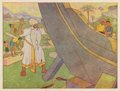 Arka Noego: Budowa arki (kolorowa litografia) autorstwa Elmer Boyd Smith