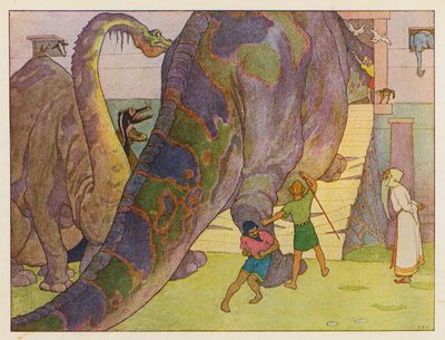 Arka Noego: dylemat dinozaurów (kolorowa litografia) autorstwa Elmer Boyd Smith