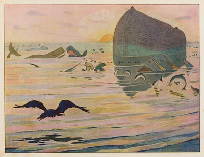 Arka Noego: Kruk zostaje wysłany (kolorowa litografia) autorstwa Elmer Boyd Smith