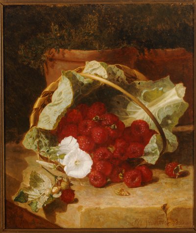 Maliny w koszu wyłożonym liśćmi kapusty z białym Convulvulus na kamiennej półce, 1880 autorstwa Eloise Harriet Stannard