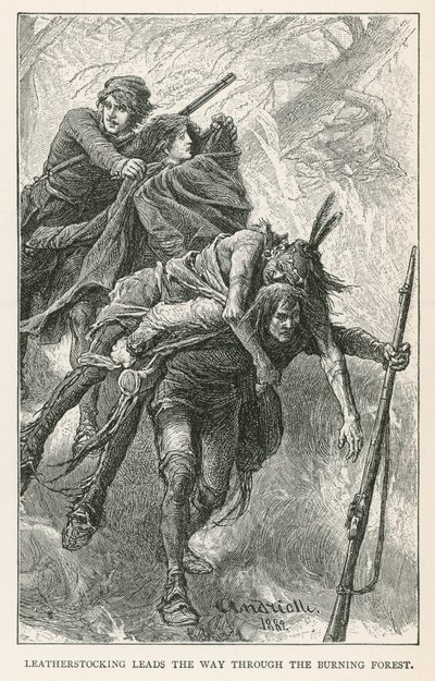 Leatherstocking prowadzi przez płonący las (rycina) autorstwa Elviro Michael Andriolli