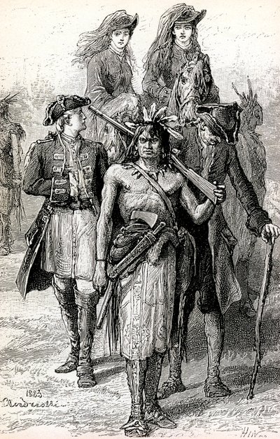 Magua prowadzi córki pułkownika Munro, z majorem Duncanem Heywardem i Davidem La Gamme. autorstwa Elviro Michael Andriolli