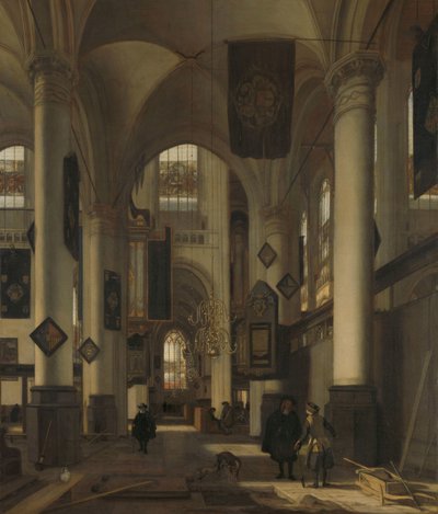 Wnętrze protestanckiego kościoła gotyckiego z motywami z Oude i Nieuwe Kerk w Amsterdamie autorstwa Emanuel de Witte