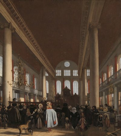 Wnętrze Synagogi Portugalskiej w Amsterdamie autorstwa Emanuel de Witte