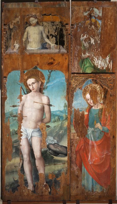 Święty Sebastian, Święta Łucja, Chrystus podnoszący się z symbolami Męki Pańskiej, druga połowa XVI wieku (olej na płycie) autorstwa Emanuele Macario